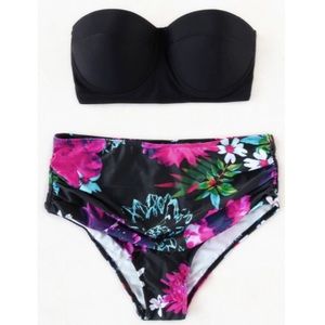 Black Strapless Floral High-Waisted Swimsuit